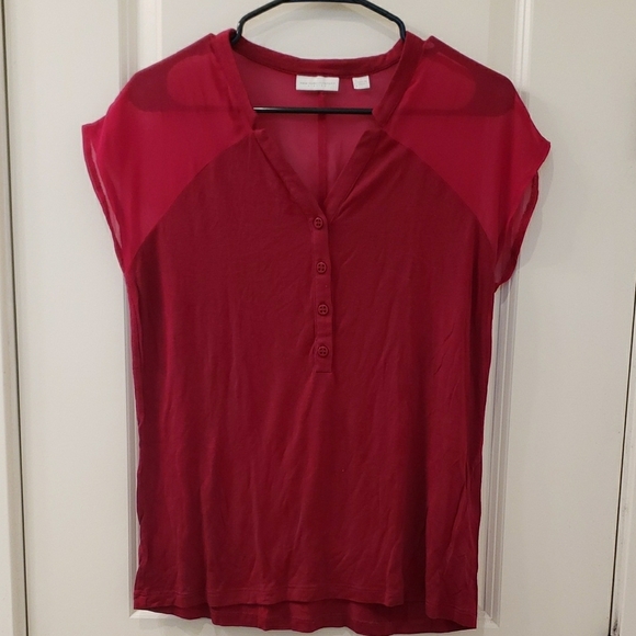 New York & Company Red Polo Collar Cuffed Sleeve Blouse - Picture 1 of 7